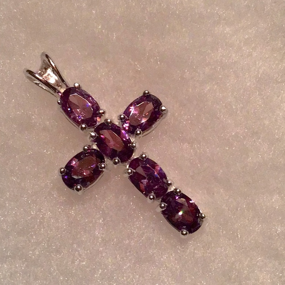 New Sterling Silver Cross, Amethyst colored CZS. Rhodium plated,